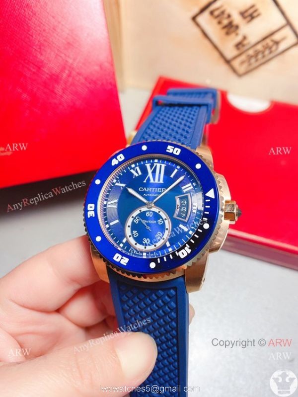 New! Replica Cartier Calibre de Quartz Watches Rose Gold Blue Bezel 6