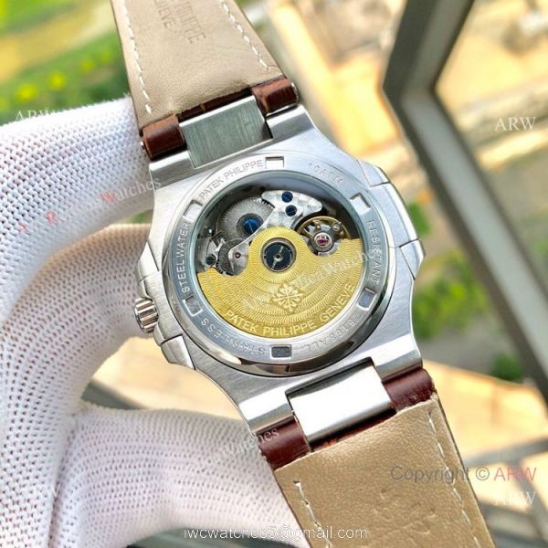 Copy Patek Philippe Nautilus White Face Annual Calendar Watch Brown Leather Strap 6