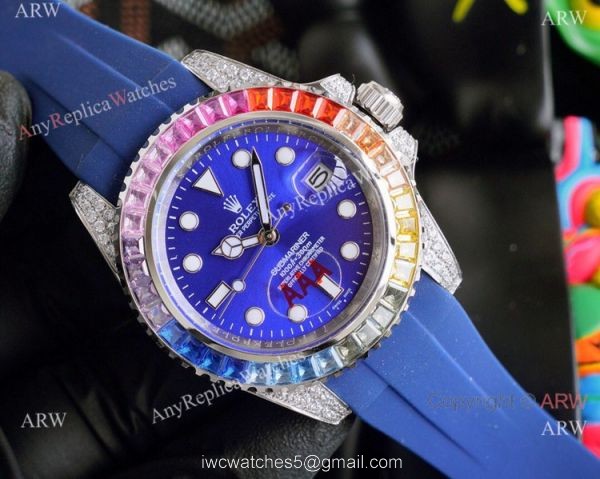 Top Replica Rolex Submariner Watch Rainbow Bezel Blue Rubber Strap 6