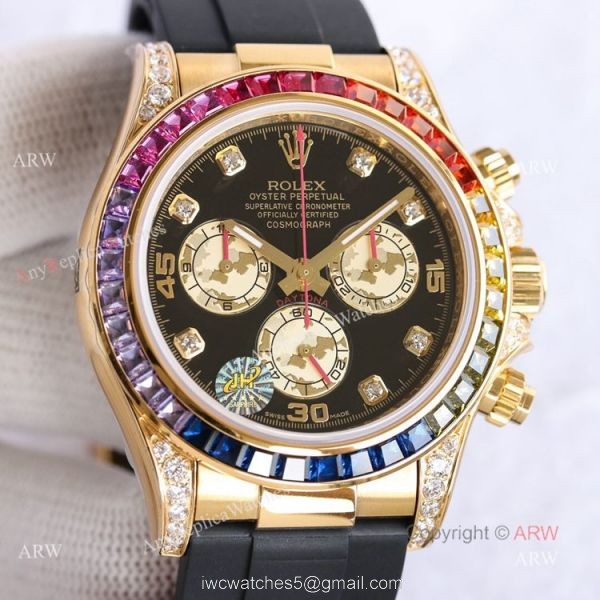 New Gold Rolex Daytona Rainbow Diamond Bezel Black Dial With Diamonds Watch Replica 6