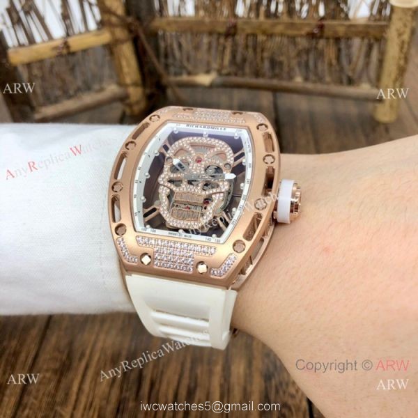 New Replica Richard Mille Skull RM52-01 Rose Gold White Rubber Strap Watch 6
