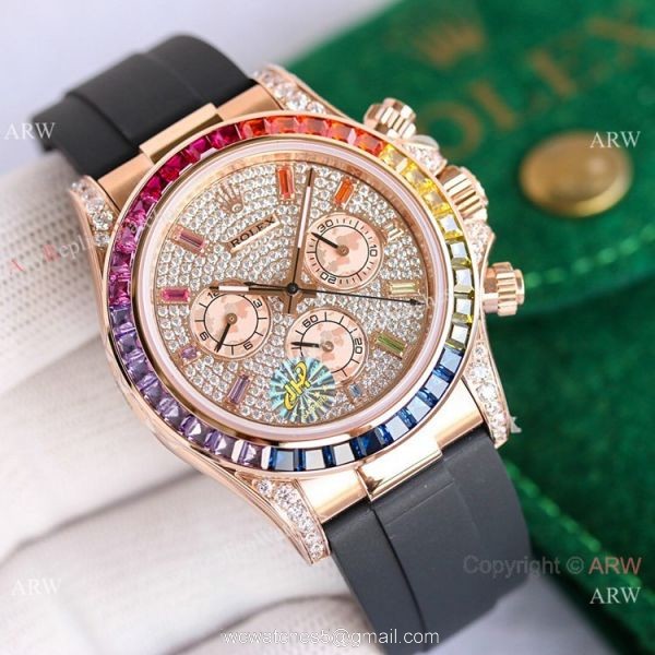 Swiss 7750 Rolex Rainbow Daytona Rose Gold Diamond Dial Rubber Strap Watch 40mm 6