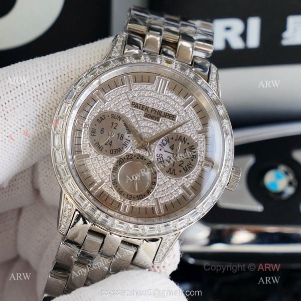 Swiss 9100 Patek Philippe Baguette Diamond Rose Gold Watch Replica 41mm 6