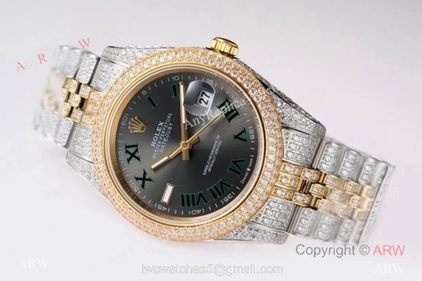 TW Factory Swiss Rolex Iced Out Datejust Watch Two Tone Grey Dial 41mm 6