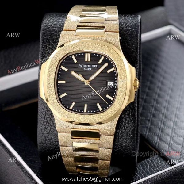 Copy Patek Philippe Nautilus Frosted Gold Watch with Luminous Dial Markers 6