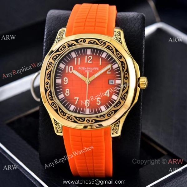 Clone Patek Philippe Aquanaut Engraving Watches Gold and Brown Rubber Strap 6