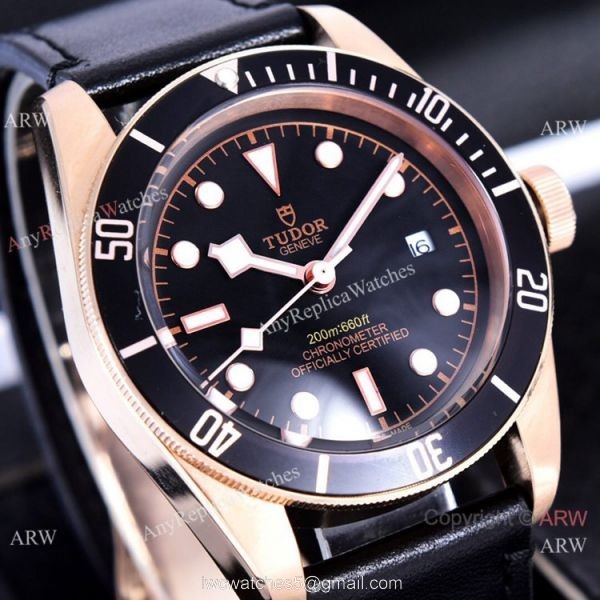 Copy Tudor Heritage Black Bay Watches Rose Gold Black Leather Strap 41mm 6