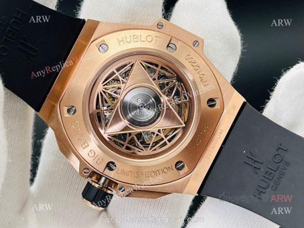 Replica Rose Gold Hublot Big Bang Sang Bleu 45 Watch Asia 7750 With Black Rubber Band 6