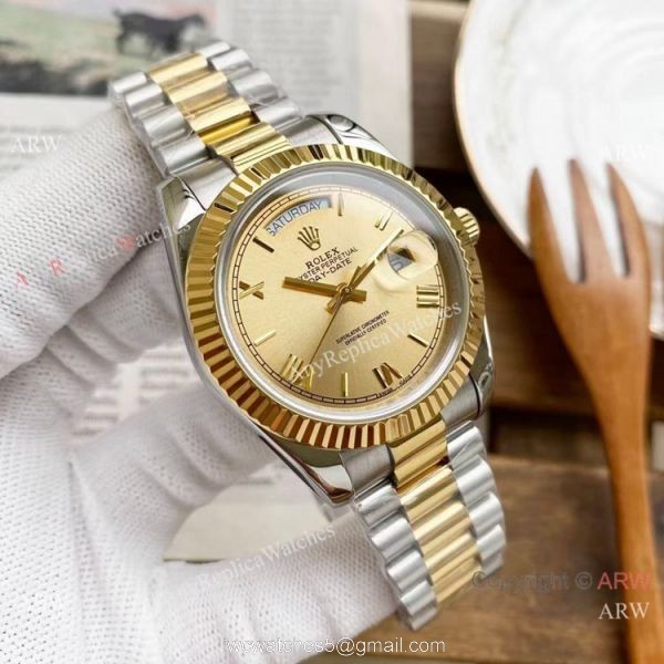 Copy Rolex Day Date 40mm Watches Chocolate Dial Two Tone Presidential Band 6
