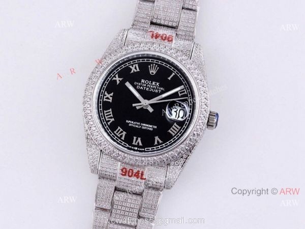 Fully Iced Out Rolex Watch For Mens Rolex Datejust 126334 Black Dial Roman Numerals Replica 6