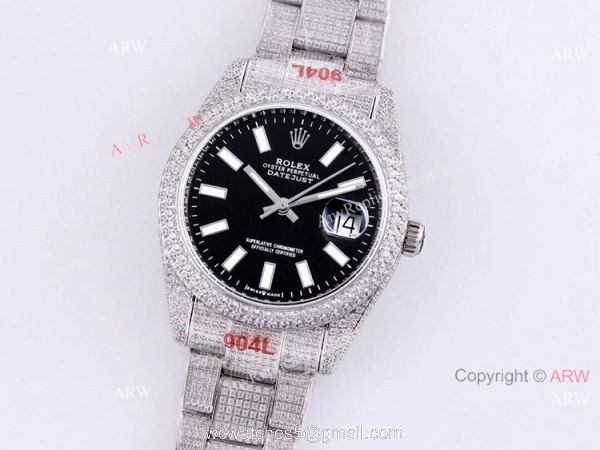Fully Iced Out Rolex Datejust 126334 Black Dial Oyster Bracelet Replica Watches 6