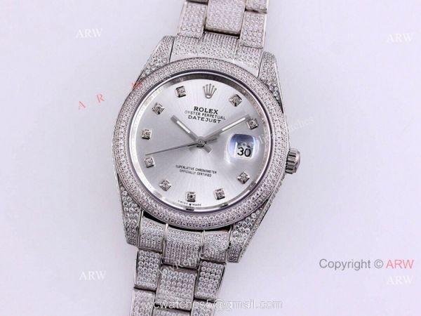 New Rolex Datejust ii 41mm Silver Dial Iced Out Rolex Diamond Watch Replica 6
