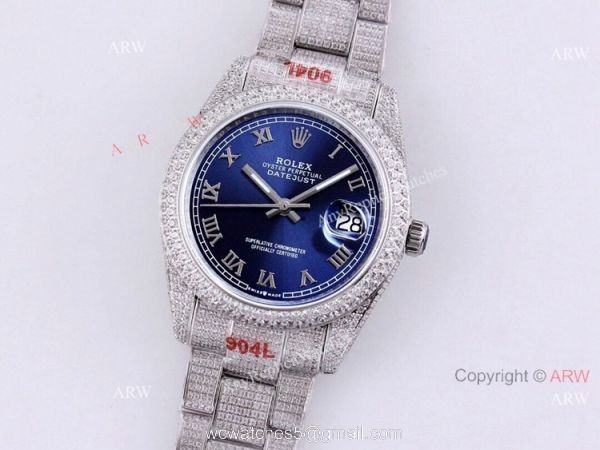 Diamond Rolex Datejust Blue Dial Roman Numerals Automatic Watch Best Replica 6