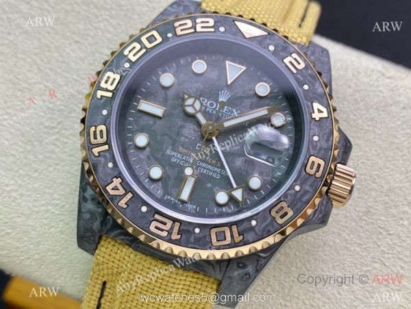 2021 Super Clone Rolex Diw GMT-Master 2 Watch JH Factory Cal.3186 Movement Carbon Case Khaki fabric Leather Strap 6