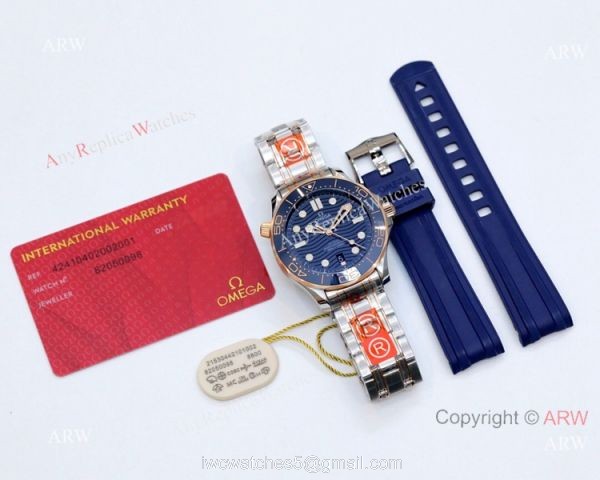 2021 Latest Swiss Replica Omega Seamaster Diver 300M OR 8800 Watch Two Tone Rose Gold Blue Dial 6