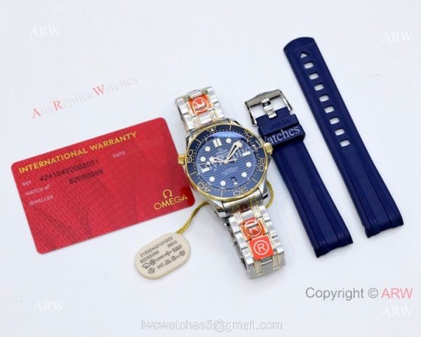2021 Latest Swiss Omega Seamaster Diver 300M OR Factory 8800 Watch Two Tone Blue Ceramic Bezel 6