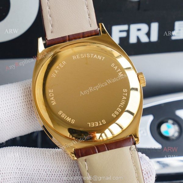 Yellow Gold Rolex Cellini Black Dial Brown Leather Strap Replica Watch 6