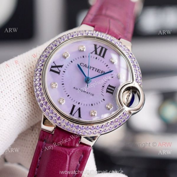 New Cartier Ballon Bleu 33mm With Diamonds Bezel Pink MOP Dial Pink Leather Strap Copy Watch 6