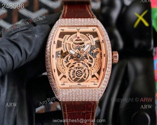 Replica Rose Gold Franck Muller V45 Revolution 3 Skeleton Watch With Diamonds for men 6