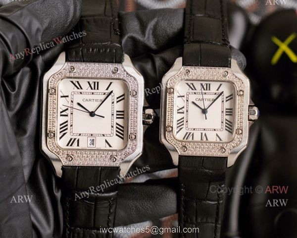 Replica Cartier Santos Yellow Gold White Dial Watch With Diamonds For Men And Women 6