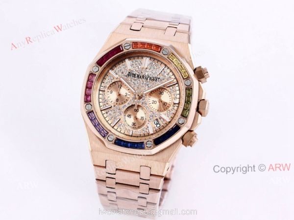 New Frosted Audemars Piguet Rose Gold Royal Oak 41mm Rainbow Diamond Watch Replica 6