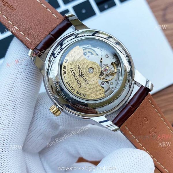 40mm Longines Automatic Watch White Dial Brown Leather Strap High Copy 6