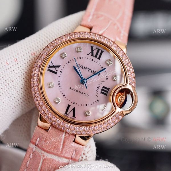 New Ladies Cartier Ballon Bleu 33mm Rose Gold diamond Purple Dial Purple Leather Strap Replica Watches 6