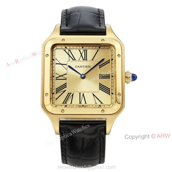 TWF Yellow Gold Cartier Santos-Dumont Gold Face Black Leather Strap Copy Watch For Men And Women 6