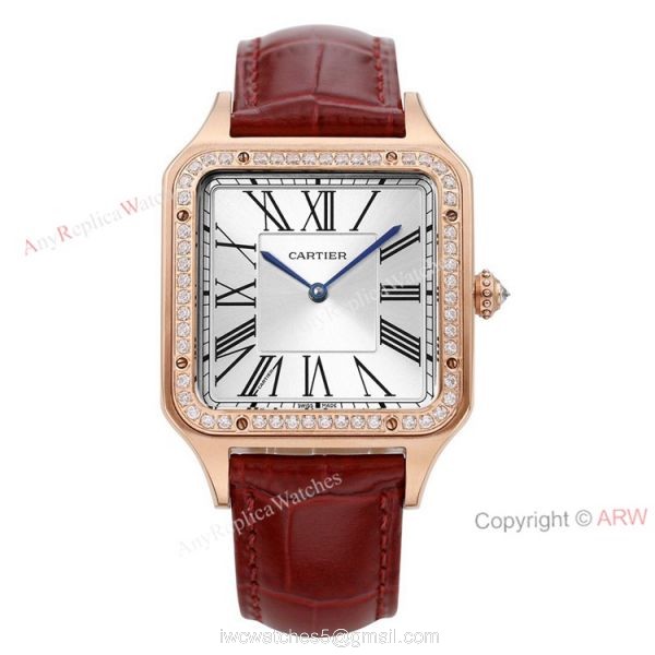 New Faux Cartier Santos-Dumont Rose Gold Couple Watch With Diamonds Bezel Brown Leather Band 6