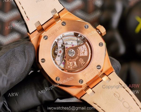 High End Replica Audemars Piguet Royal Oak Rose Gold Grey Dial Automatic Watch With Diamonds Black Leather Strap 6