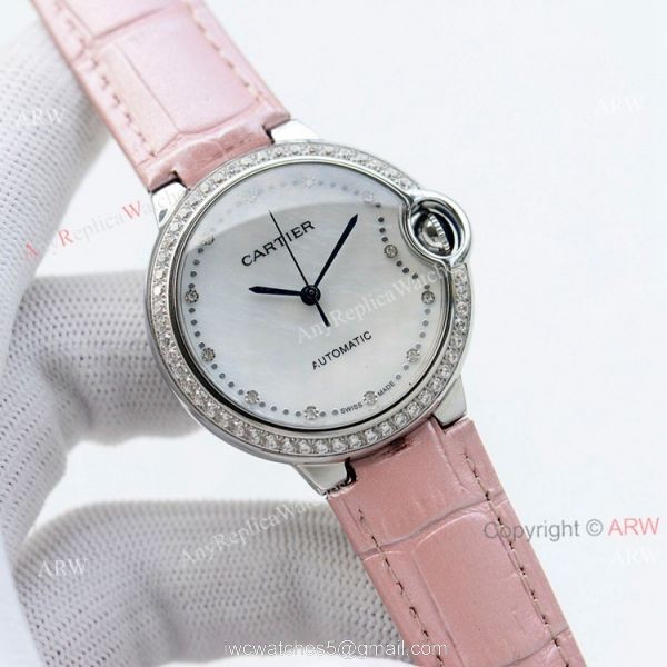 Swiss Quality 36mm Cartier Ballon Bleu Ladies Replica Watch With Diamond Bezel Brown Leather Strap 6