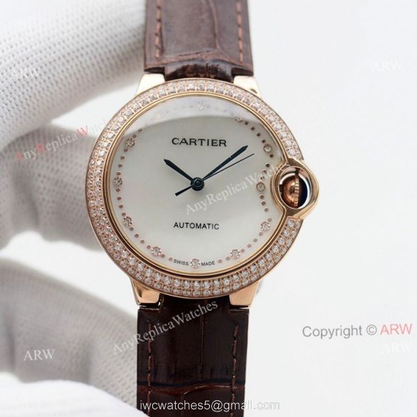 Swiss Quality Replica Cartier Ballon Bleu 36mm Rose Gold Diamond Bezel White Mop Dial Automatic Watch 6
