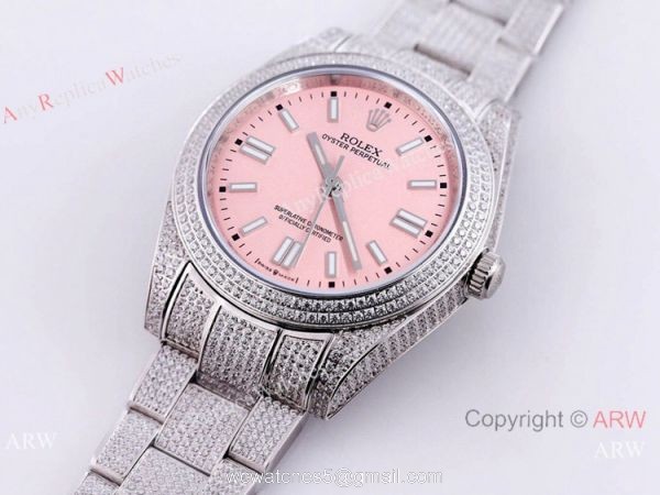 Swiss Quality Copy Rolex Iced Out Oyster Perpetual 41 Watch Candy Pink Dial Mingzhu Movement 6