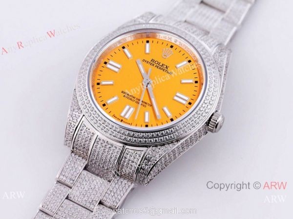 Swiss Quality Iced Out Rolex Oyster Perpetual 41 Wrist Yellow Dial Full Diamond Case 6
