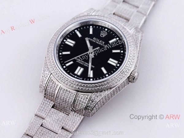 Swiss Quality Iced Out Rolex Oyster Perpetual 41mm Watch Full Diamond Case Black Dial 6