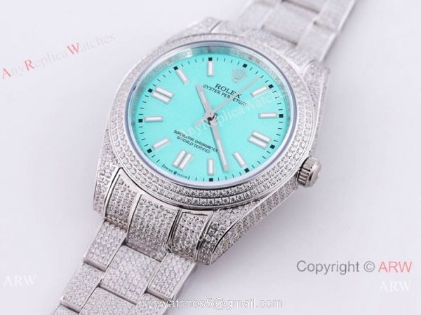 Swiss Quality Rolex Oyster Perpetual 41mm Full Diamond Watch Turquoise blue Dial 6