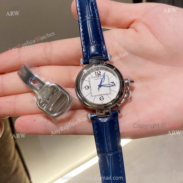 New Pasha De Cartier Watch 35mm white face blue leather strap replica 6