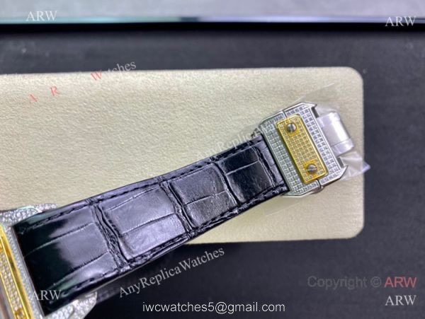 Swiss Quality Iced Out Cartier Santos De Watch Two Tone Sapphire Crystal 6
