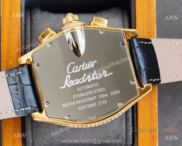 Iced Out Cartier Roadster Chronograph Watches Yellow Gold Case 6