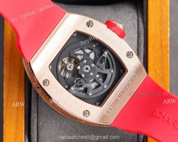 (RM Factory) Knockoff Richard Mille Rm010 Rose Gold Skeleton Watch Red Rubber Strap 6