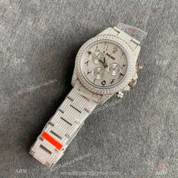 Replica Watch JVS Factory Rolex Daytona Iced out Watch Ss Arabic Scripts Markers 904L 7750 Chronograph 6