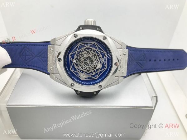 Replica Hublot Big Bang Sang Bleu Watch Automaitc Blue Gummy Strap 6
