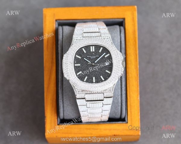 Swiss Grade One Patek Philippe Iced Out Nautilus 9015 Watch BlackSilver Diamond 6
