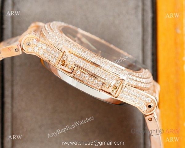 Swiss AAA Replica Patek Philippe Nautilus 9015 Ultra-thin Watch Rose Gold Iced Out Black Dial 40mm 6