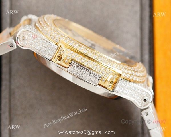Swiss Replica Patek Philippe Nautilus 9015 Ultra-thin Watch Two Tone Iced Out Case 6