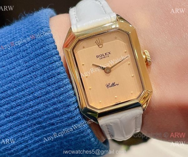 Replica Rolex Cellini 24MM Yellow Dial Gold Case Leather Strap Watch For Lady 6