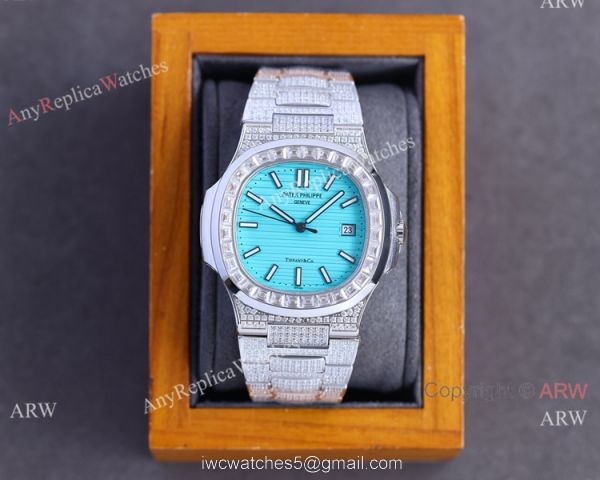Iced Out Patek Philippe Nautilus Tiff-any Baby Blue Diamond Band Watch Cal.324 40mm 6
