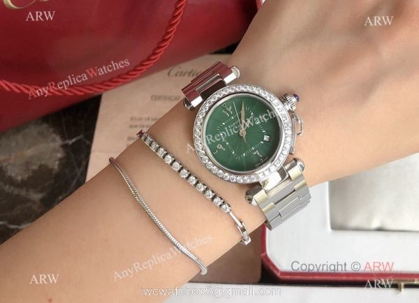 New Replica Cartier Pasha Diamond Bezel Deep Green Dial 316L SS Watch With Arabic Markers 6