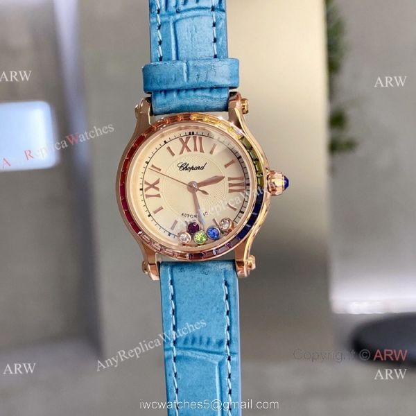 Replica Chopard Happy Sport Quartz 30mm Watch Rainbow bezel Rose Gold 6