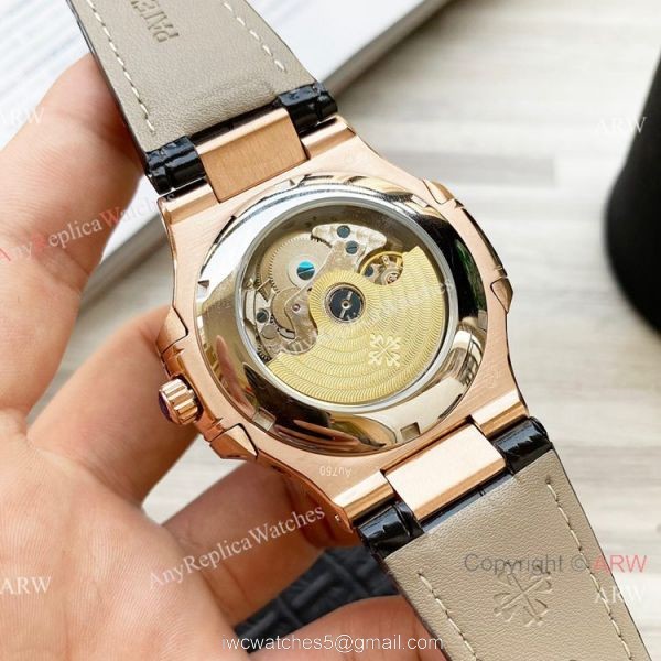 Clone Patek Philippe Annual Calendar Nautilus Watch Brown Leather Strap Diamond Bezel 6